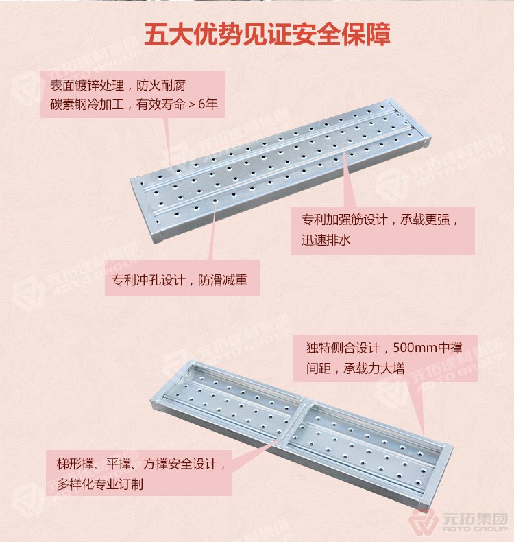 元拓 鋼制腳手架踏板 鋼跳板 鍍鋅防銹  江蘇廠家 五大優(yōu)勢見證安全保障，表面鍍鋅處理，防火耐腐，碳素鋼冷加工，壽命大于6年，加強筋設計，專業(yè)沖孔，防滑設計，