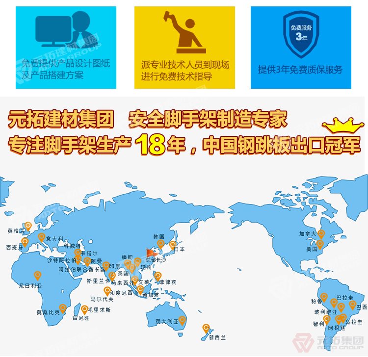 元拓建材集團，安全腳手架制造專家！專注腳手架生產(chǎn)18年，中國鋼跳板出口冠軍！